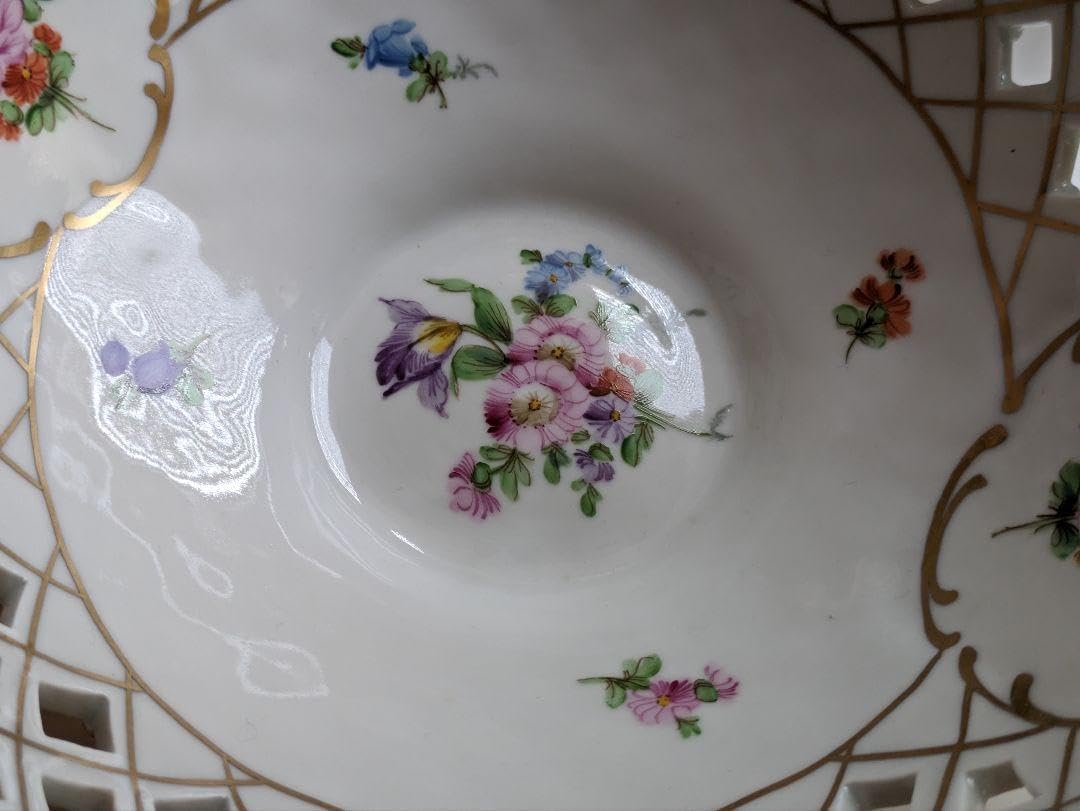 ドレスデン バスケット 花柄 透かし模様 猫足 ボウル 磁器 ドレスデン